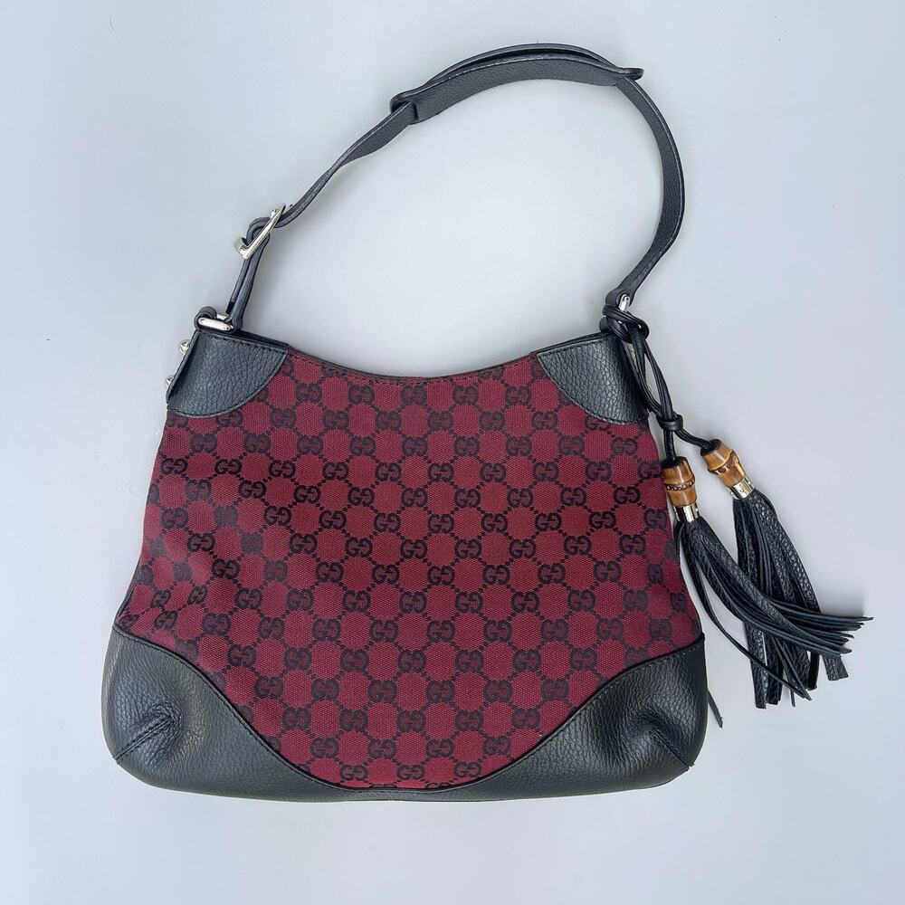 Gucci Red Monogram And Black Leather Shoulder Bag